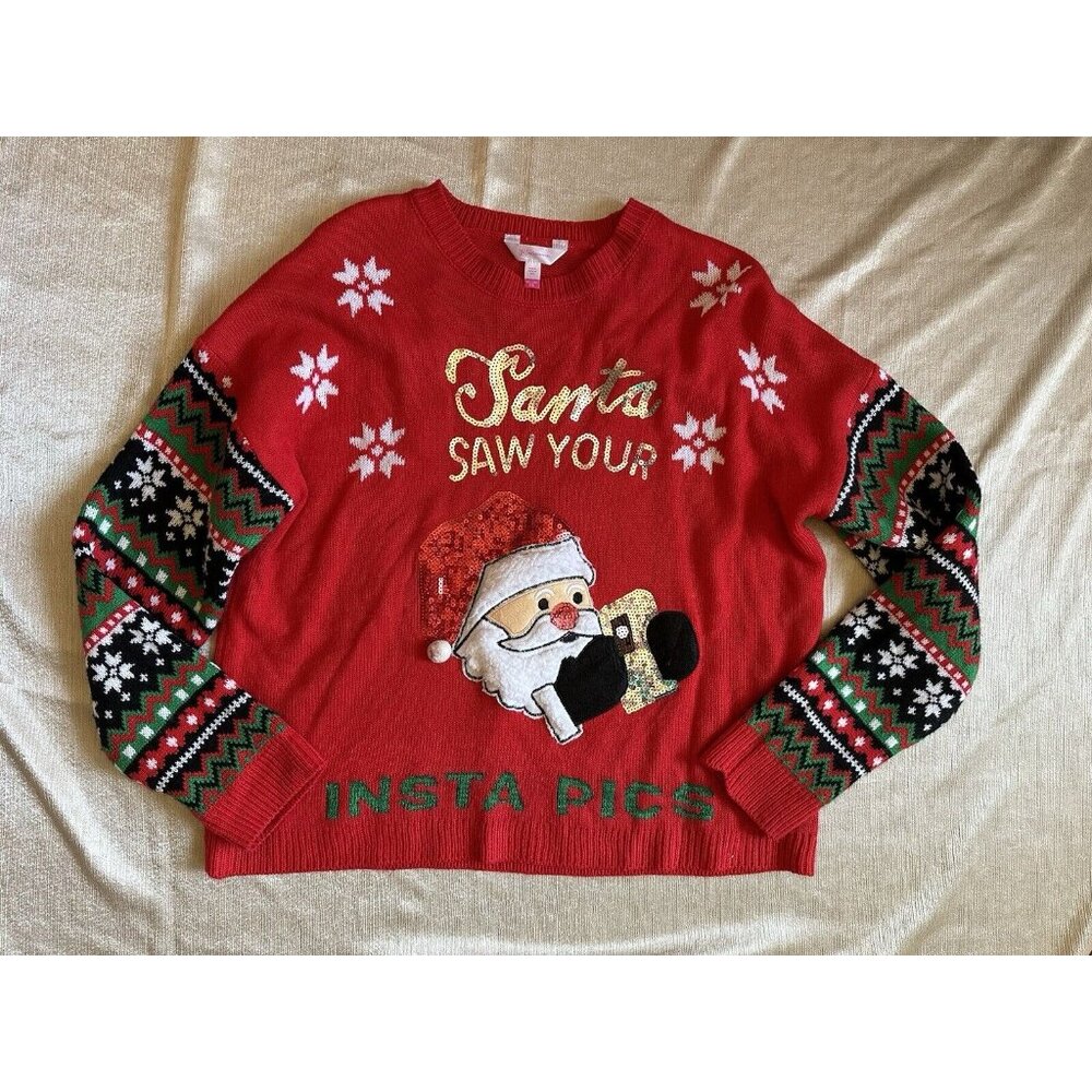 No Boundaries Women Santa Saw Your Insta Pics, Ugly Christmas Sweater Large